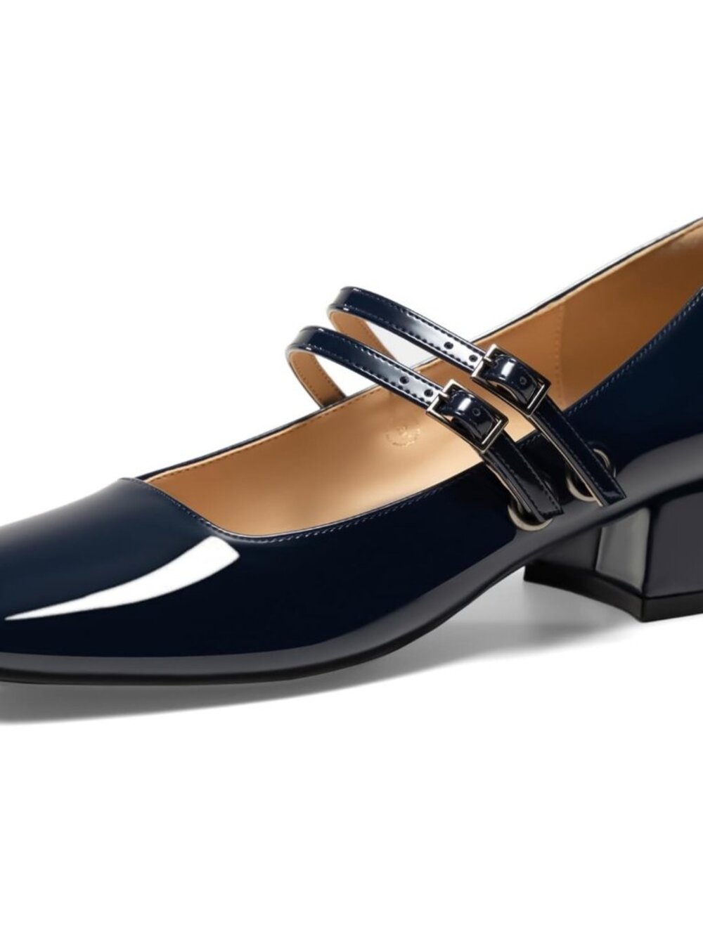 Women's Navy Mary Jane Low Pearl Heels Closed Square Toe Pumps Ballet Shoes